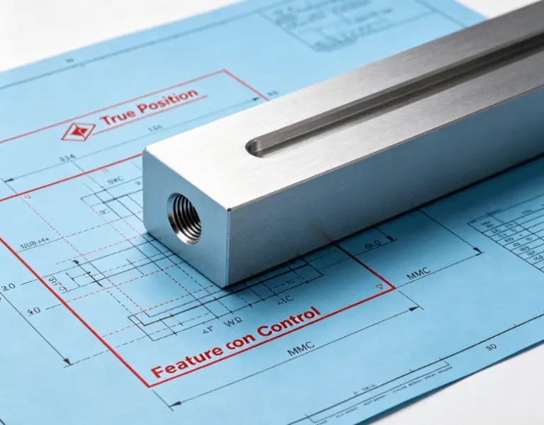 cnc machined part on engineering drawing showing true position gdt callout with datums 768x600